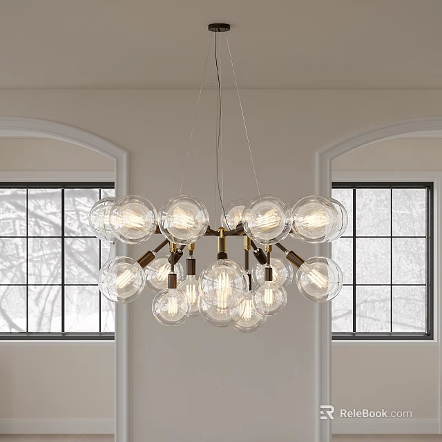 Transparent Glass Globe Chandelier with Light Bulbs Hanging Over White Walls and Arched Black Windows 3d model 