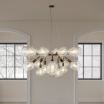 Transparent Glass Globe Chandelier with Light Bulbs Hanging Over White Walls and Arched Black Windows 3d model