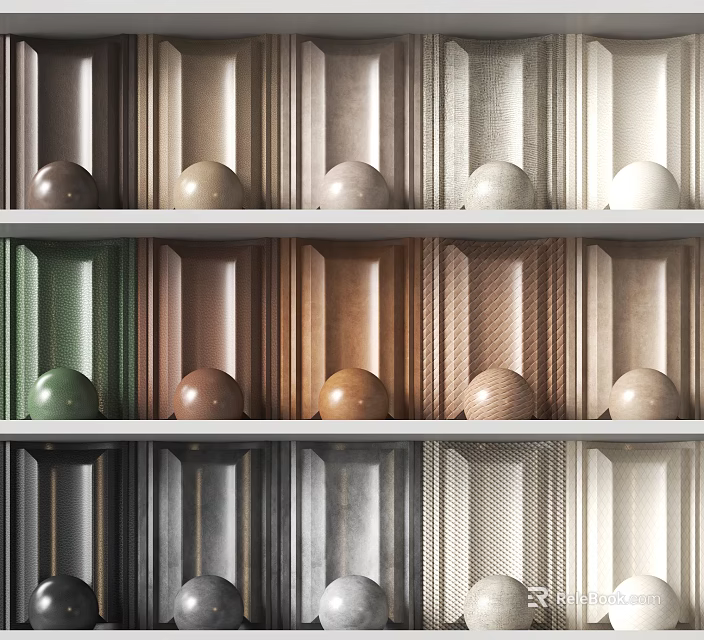 Soft Wall Panels With Various Colors And Textures On Shelves 3d model 