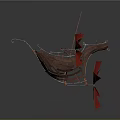Abstract Red Brown Sculpture With Boat Like Structure And Metal Wire Blades