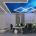 Starry Sky Ceiling Leisure Space Interior With Circular Bookshelf Dining Table Bar Counter And Stools 3d model