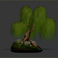 Weeping Willow Tree Featuring Green Drooping Branches On Island Surrounded By Water And Small Rocks
