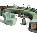 Modern Curved Green Public Chairs With Small Tables And Plants In Outdoor Area