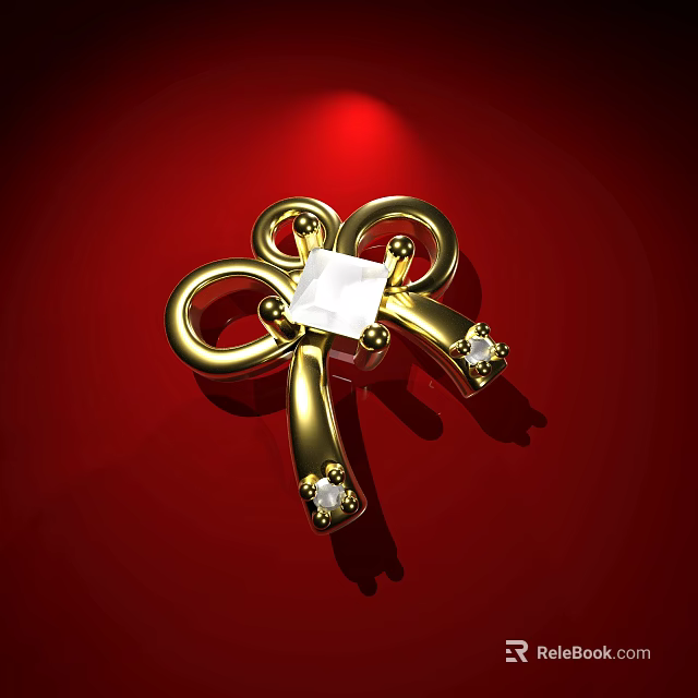 Gold Bow Shaped Brooch With White Gemstone Small Diamonds And Red Background Spotlight 3d model 