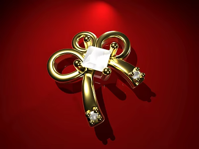 Gold Bow Shaped Brooch With White Gemstone Small Diamonds And Red Background Spotlight 3d model