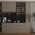 Modern Gray Sideboard With Black Marble Top Coffee Machine Wine Bottles And Glass Door Shelves