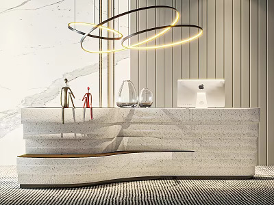 Modern Hotel Lobby With Circular Pendant Lights Marble Reception Desk And Decorative Sculptures 3d model