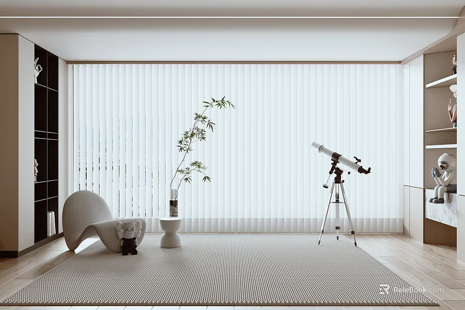 Modern Bright Room Interior Featuring White Venetian Blinds Bamboo Plant Telescope And Curved Chair 3d model 