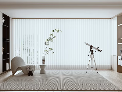 Modern Bright Room Interior Featuring White Venetian Blinds Bamboo Plant Telescope And Curved Chair 3d model