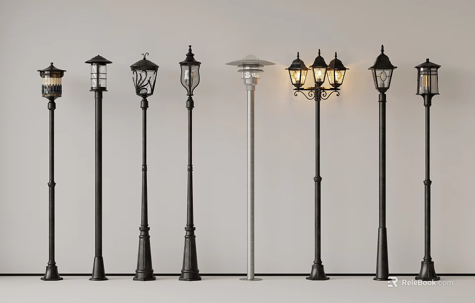 Various Designed Outdoor Lights Including Street Lamp Styles And Illuminated Options 3d model 