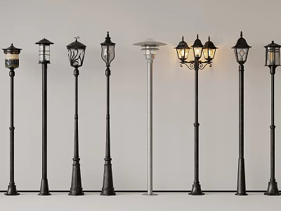 Various Designed Outdoor Lights Including Street Lamp Styles And Illuminated Options 3d model
