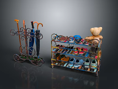 Multilayer Shoe Cabinet With Colorful Shoes And Decorative Teddy Bear On Shelves 3d model