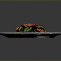 Stir Fried Green Beans with Bacon and Red Chili Peppers on Blue White Patterned Plate