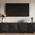 Modern Black TV Stand with Geometric Doors Decorative Vase Books Clock on Striped Wall