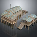 Cartoon Scene of Connected Wooden Stilt Houses With Blue Green Brown Roofs and Chimney