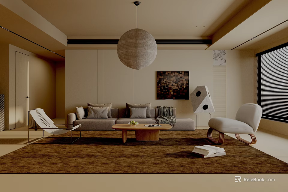 Modern Living Room Interior Featuring Sofa Coffee Table Chairs Pendant Light And Decorative Painting 3d model 