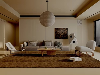 Modern Living Room Interior Featuring Sofa Coffee Table Chairs Pendant Light And Decorative Painting 3d model