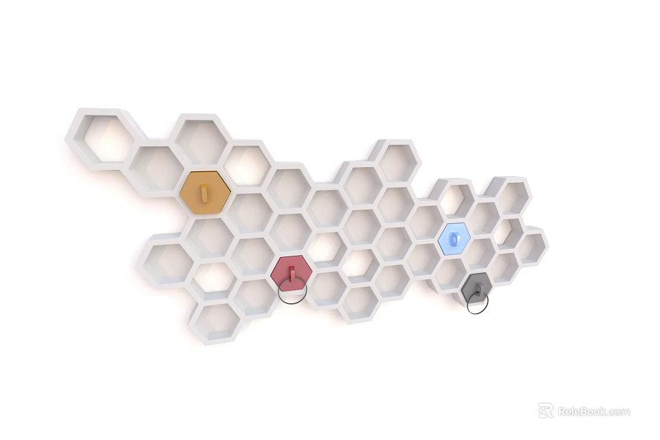 White Honeycomb Hexagon Wall Hanging With Colored Accent Compartments And Symbols 3d model 