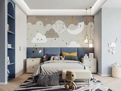 Kids Room Interior Design With Cloud Moon Wall Decor Bed Nightstands Rug And Plush Toy 3d model