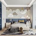 Kids Room Interior Design With Cloud Moon Wall Decor Bed Nightstands Rug And Plush Toy