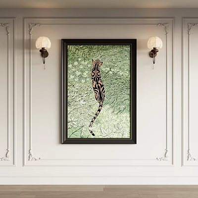 Abstract Painting Featuring Leopard's Back Green Background Black Frame On White Decor Wall With Lamps 3d model