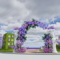 Enchanting Purple Garden Landscape With Grass Stone Path Decorative Pavilions And Flowers