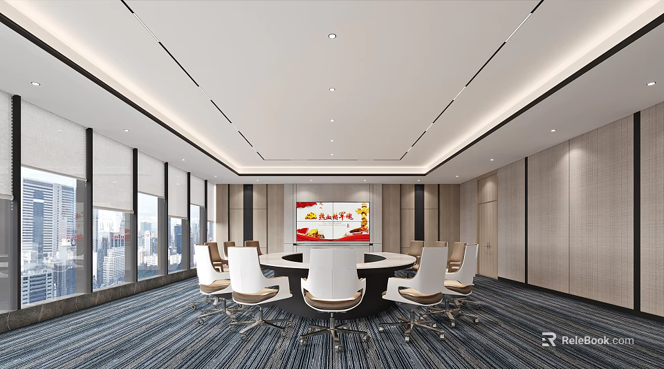 Modern Conference Room Interior With Round Table White Chairs And City View Windows 3d model