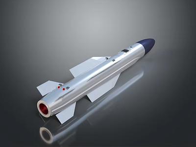 Silver Rocket Model With Blue Nose Red Nozzle Fins And Reflective Dark Background 3d model