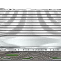 Modern Multi Story Office Building With Glass Facade and Green Space Connection