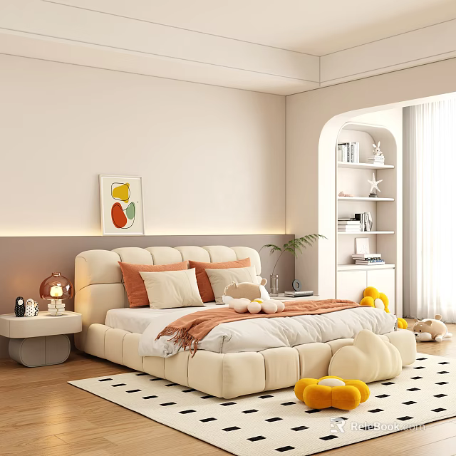 Kids Room Interior With Beige Bed Pillows Cloud Cushions Fruit Painting White Bookshelf Yellow Toys 3d model 