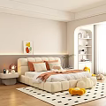 Kids Room Interior With Beige Bed Pillows Cloud Cushions Fruit Painting White Bookshelf Yellow Toys