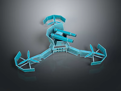 Blue 3D Mechanical Model With Multiple Extended Arms Cannon Like Components And Supportive Structures 3d model