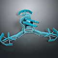 Blue 3D Mechanical Model With Multiple Extended Arms Cannon Like Components And Supportive Structures
