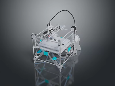 Transparent Frame 3D Printer Device With Metal Structure Mechanical Arm And Blue Support Parts 3d model