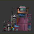 Colorful Cartoon Building Scene With Shave Ray Signboard Ice Cream Truck And Posters