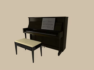 Classic Black Piano With Sheet Music And Matching Wooden Bench 3d model