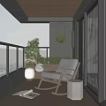 Modern Home Balcony Design With Rocking Chair Floor Lamp Plants Lake View And Wooden Flooring