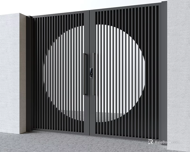 Modern Black Slatted Entrance Gate With Circular Cutout Double Door Exterior 3d model 