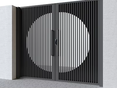 Modern Black Slatted Entrance Gate With Circular Cutout Double Door Exterior 3d model