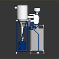 Industrial Equipment With Blue Frame Silver Cylindrical Container Pipes And Blue Barrel At Bottom