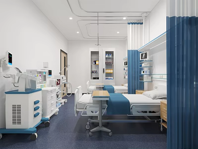 Hospital Ward Interior With Medical Beds Blue Curtains White Walls And Equipment 3d model
