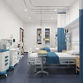 Hospital Ward Interior With Medical Beds Blue Curtains White Walls And Equipment