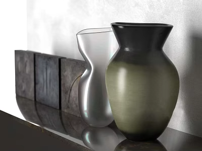 Decorative Ornament Set With Metallic Vase Green Ceramic Vase And Dark Wooden Block on Sleek Tabletop 3d model