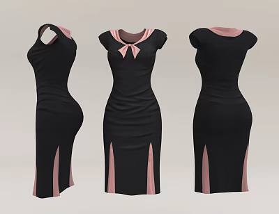 Fitted Black Dress With Pink Bow Collar And Stylish Side Slit Design 3d model