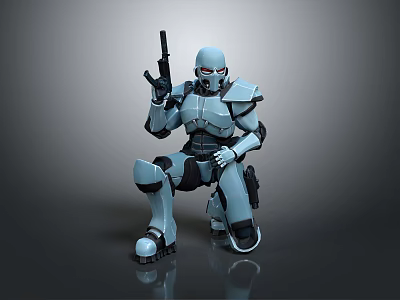 Detailed Robotic Character in Crouching Pose Holding Gun With Metallic Armor Suit 3d model