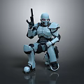 Detailed Robotic Character in Crouching Pose Holding Gun With Metallic Armor Suit