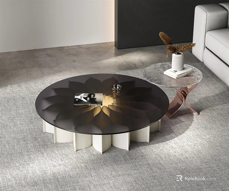 Modern Black Round Coffee Table With Petal Shaped Base And Side Table 3d model