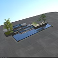 Modern Water Fountain Landscape With Stone Structure Rippling Water Pine Tree And Lighting
