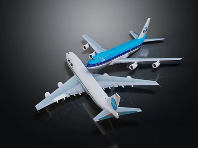 Blue and White Model Passenger Airplanes in Top View on Black Reflective Background 3d model
