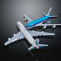 Blue and White Model Passenger Airplanes in Top View on Black Reflective Background